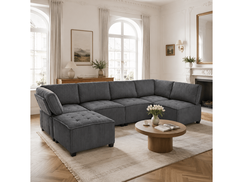 Canapé modulaire 6 places en velours côtelé gris, structure métal et bois, convertible en u ou l - Conforama B