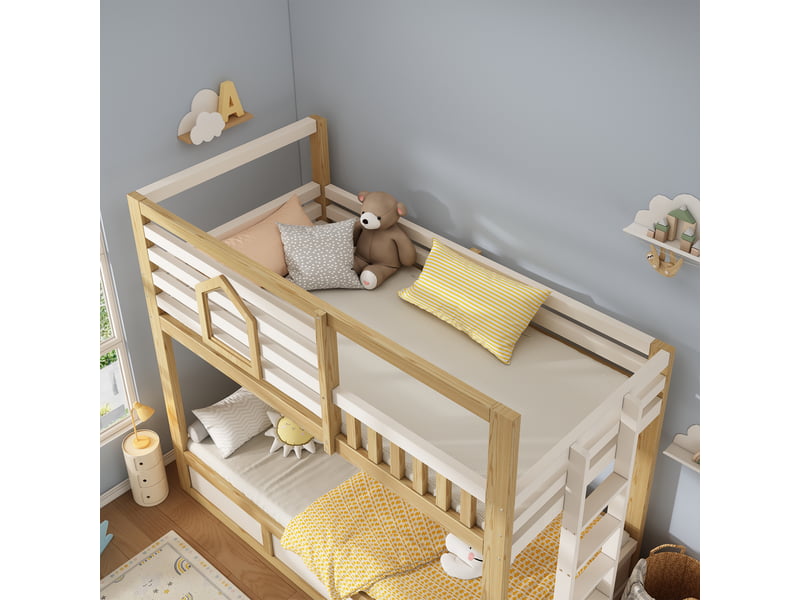 Lit superposé cabane 2 couchages 90x200 cm blanc et bois avec coffre Fay Lum - Conforama D