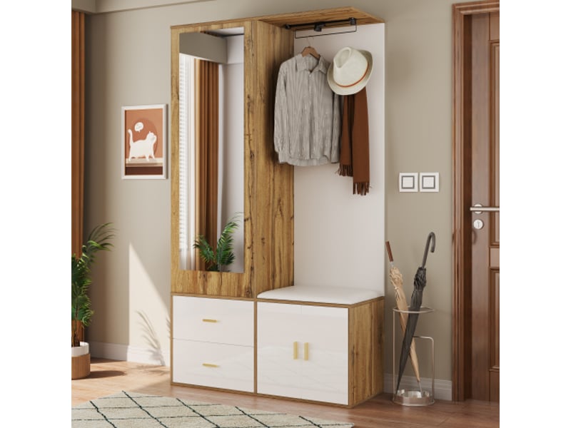  Garde-robe blanc et bois avec miroir – banc à chaussures avec crochets et penderie télescopique – meuble d'entrée pratique  - Conforama D