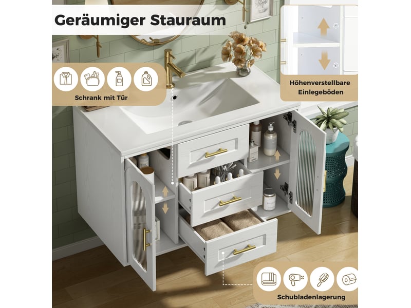  Meuble sous vasque mural 76x46x55 cm avec vasque et led blanc effet bois  - Conforama E