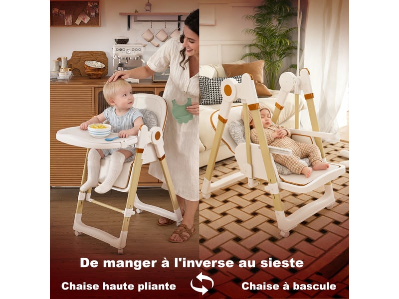  Chaise haute bébé - 2-en-1 avec fonction berceau - harnais de sécurité à 5 points - roues verrouillables 59x76x96cm - Conforama C
