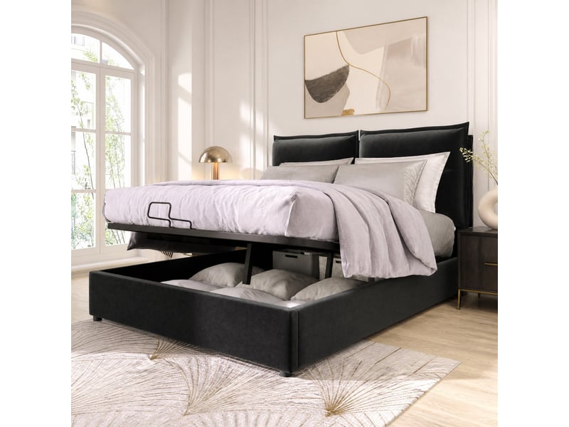 Lit coffre double 140 x 200 cm noir en velours avec matelas, tête de lit réglable  - Conforama C