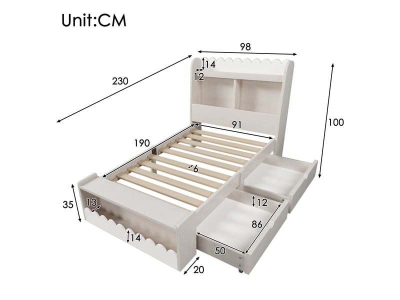Lit enfant avec rangement 90 x 190 cm, tiroirs de rangement, étagères de rangement, banquette avec rangement, bois massif et mdf, blanc et chêne clair ABC - Conforama C