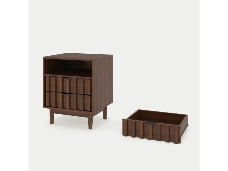  Table de chevet avec façades de tiroirs rainurées, table d'appoint avec 2 tiroirs et une étagère ouverte, 48 x 40 x 60 cm, brunoyer  - Conforama B