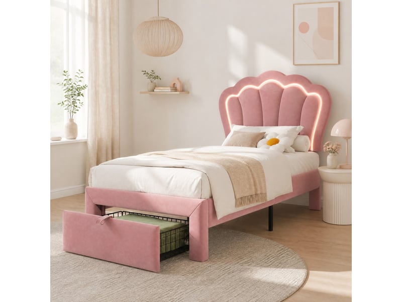  Lit enfant 190×90 cm avec tiroir, éclairage led et tête de lit réglable, sans matelas, en velours rose  - Conforama B