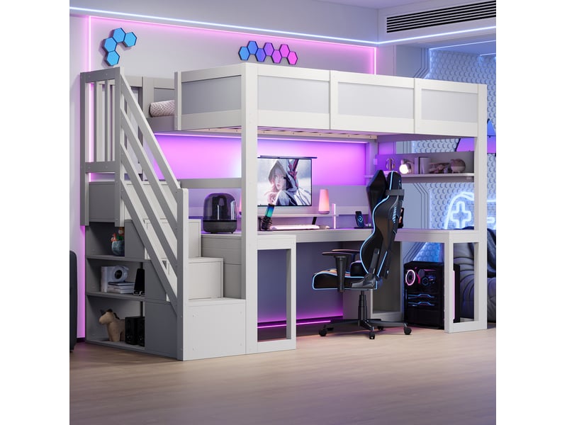  Lit mezzanine 90x200 cm avec bureau, escalier avec rangements, éclairage led et port usb, mdf, blanc sans matelas  - Conforama B