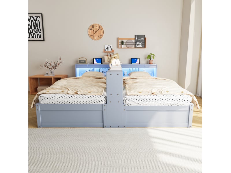  Lit multifonction 90180 x 200 cm gris avec rangements, led et prises intégrées  - Conforama D
