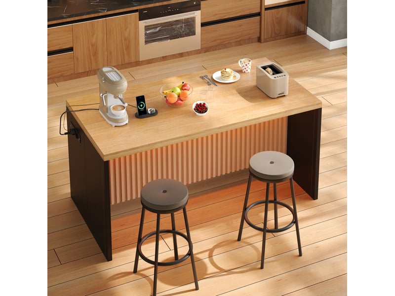  Îlot de cuisine avec led, prises et ports usb, plan épais, pour cuisine ouverte, noir naturel, 155 × 80 × 90 cm  - Conforama D