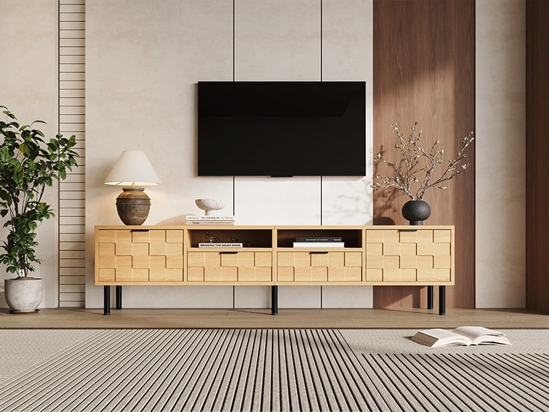  Meuble tv bas 200 cm, finition bois naturel, avec façades en relief  - Conforama B