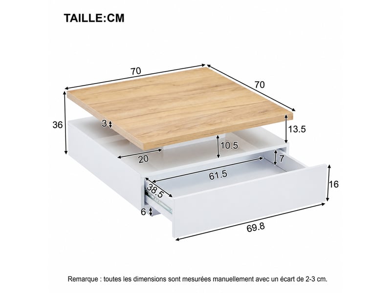  Table basse carrée pivotante 360° – blanc brillant et décor noyer – 70 x 70 x 36 cm  - Conforama D