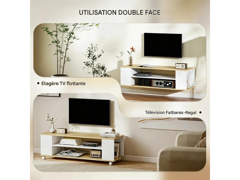  Meuble tv à roulettes ou mural avec rangements blanc et naturel 120 x 40 x 38.5 cm T5828P553678 - Conforama D