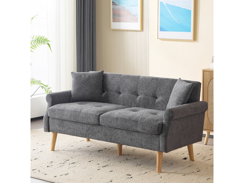 Canapé droit 2 places 162 x 74 x 77 cm en chenille grise, coussin d’assise épais 15 cm, accoudoirs ergonomiques, pieds en bois massif, format compact  - Conforama D