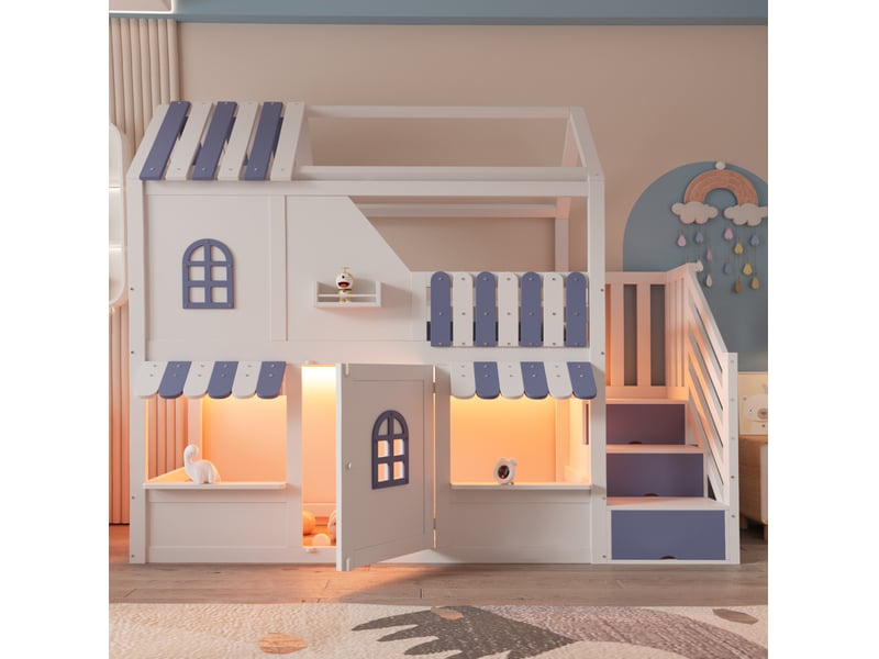  Lit superposé enfant 90x200 cm en forme de maison avec escalier de rangement, blanc et bleu  - Conforama D