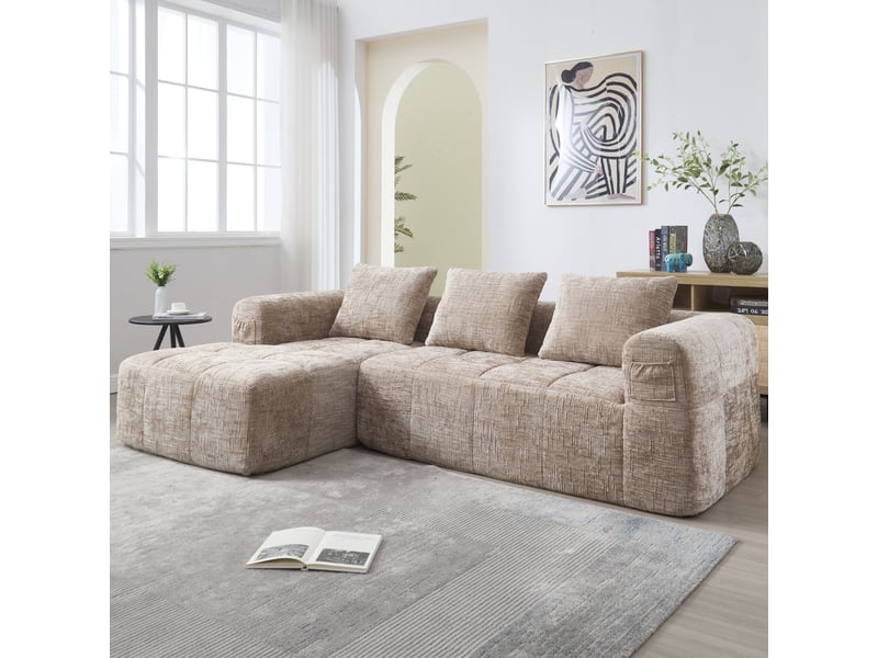 Canapé 3 places en chenille kaki avec méridienne et 3 coussins, sans montage - Conforama R