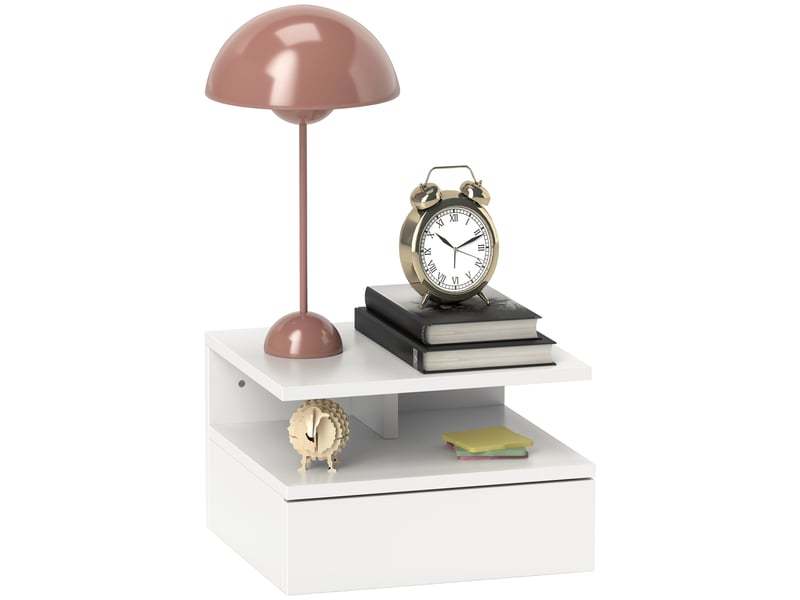  Table de chevet suspendue avec tiroir et étagère en bois, 35 x 32 x 22,5 cm, blanche  - Conforama A