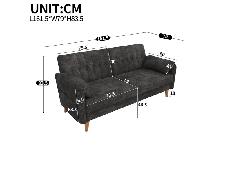 Canapé 2 places - 161.5x79x83.5cm - canapé droit en chenille avec poches latérales et pieds en bois massif 18cm - noir - Conforama E
