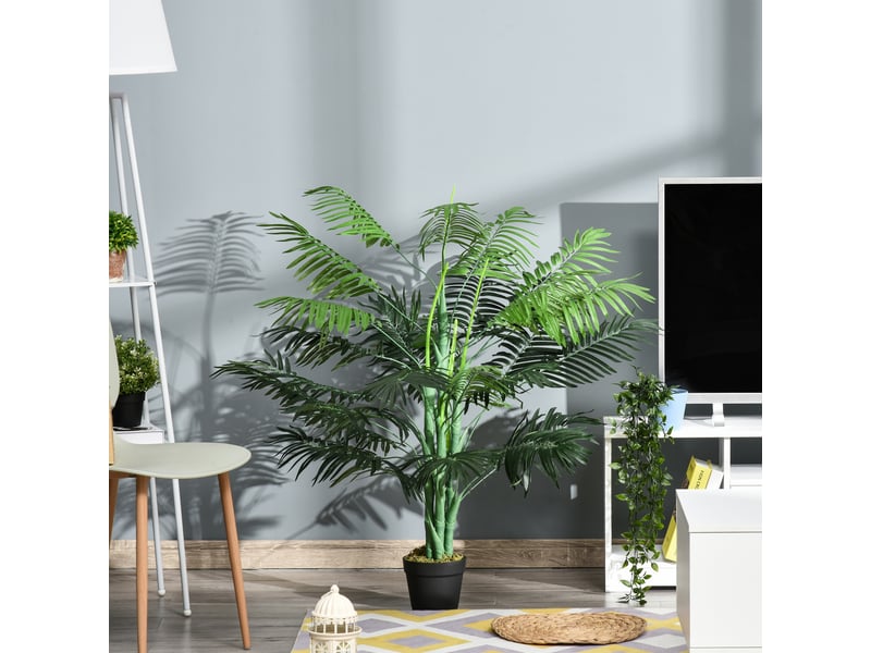  Palmier artificiel 125 cm avec 18 grandes feuilles, base en ciment et mousse de lichen en pe, pour salon chambre, vert  - Conforama C