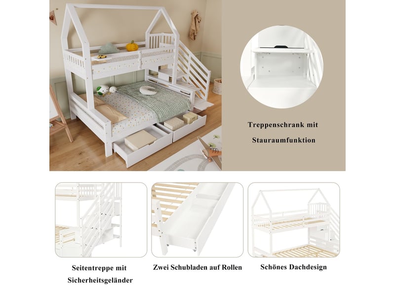 Lit superposé enfant 90x200 &amp; 140x200, tiroirs sur roulettes, lit superposé,avec rails de sécurité et armoires d'escalier  - Conforama D