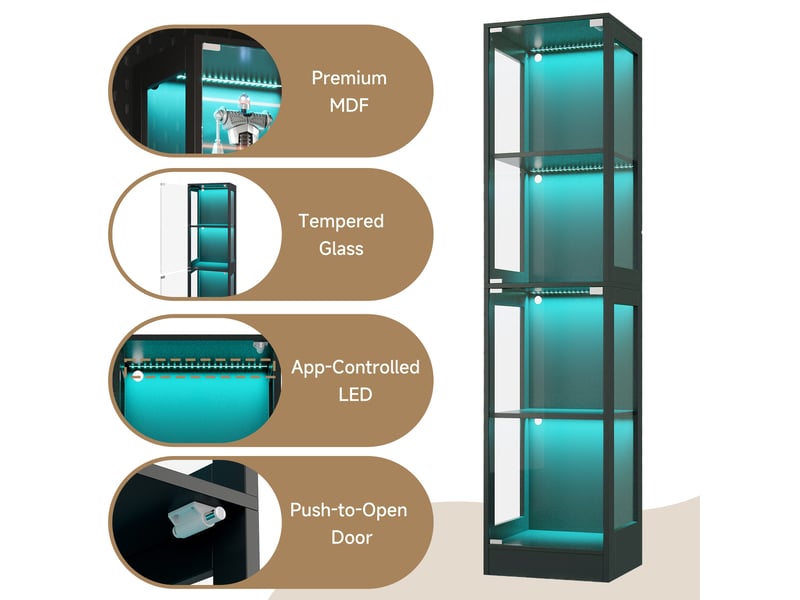  Vitrine led noire avec 4 niveaux, verre trempé, 40 x 35 x 170 cm  - Conforama W