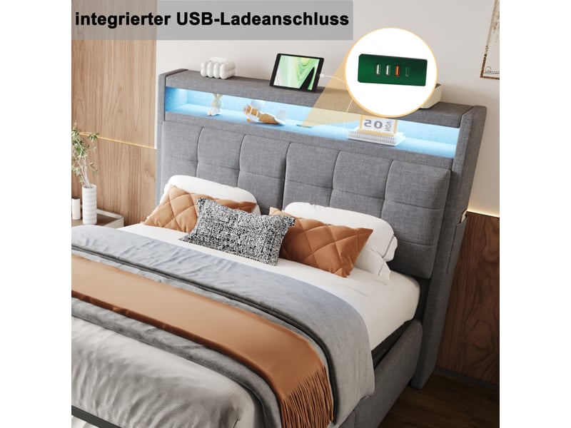 Lit capitonné 140*200 cm gris en lin avec led, usb, coffre hydraulique, tête à étagères et cadre métal stable - Conforama C