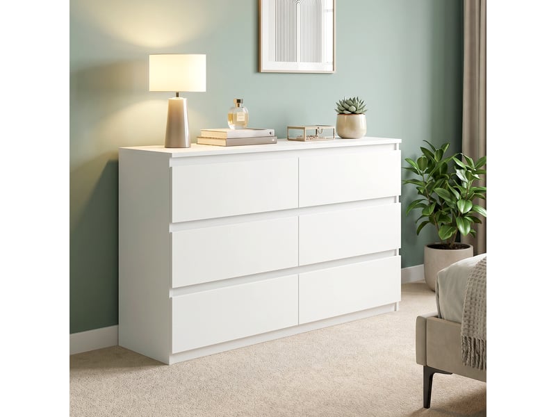  Commode à 6 tiroirs, meuble de rangement moderne pour la chambre, blanche  - Conforama C