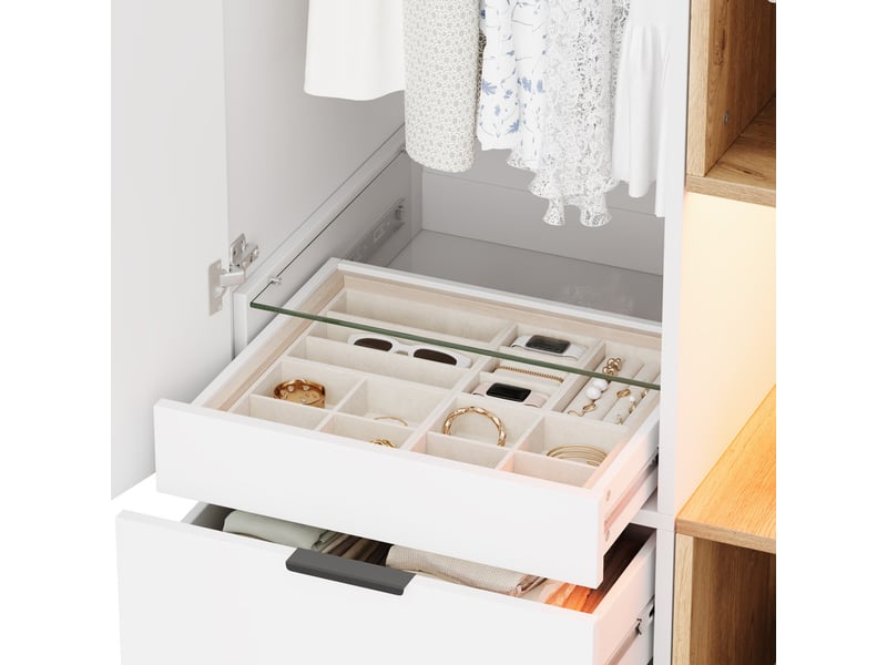 Armoire avec éclairage led et tiroir à bijoux , 3 portes, 2 tringle et 4 tiroirs, style moderne,90 x 49 x 200 cm,finition aspect blanc - Conforama E
