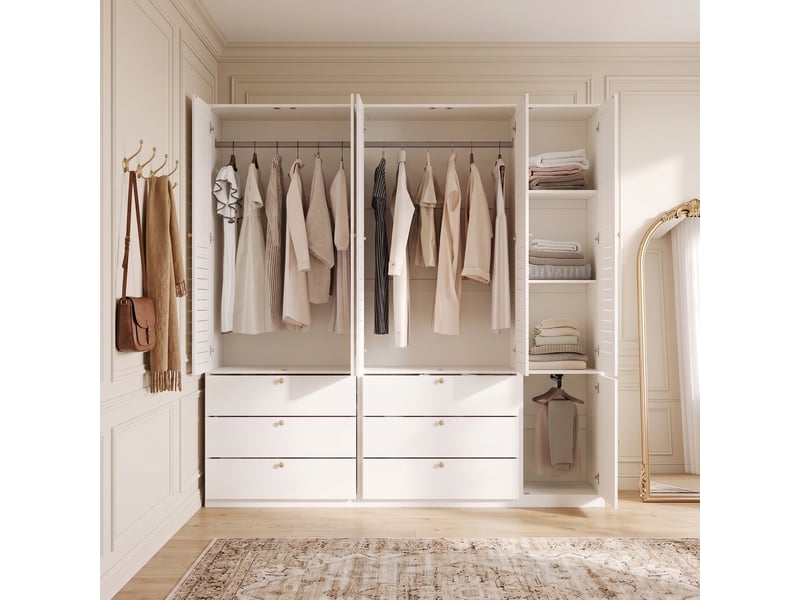 Armoire penderie 5 portes 225x50x200 cm en panneaux de particules avec portes à lamelles, 3 tringles et 6 tiroirs, dressing rangement - blanc - Conforama D