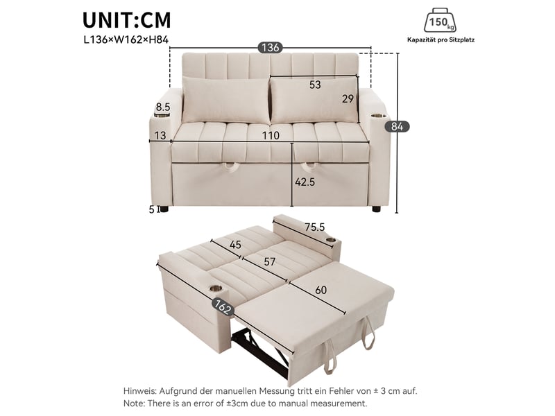  Canapé-lit modenvie 2 places convertible beige 136 x 162 x 84 cm dossier réglable 3 positions  - Conforama C