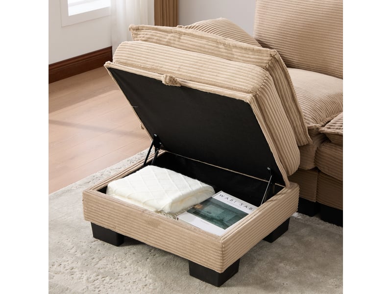  Canapé modulable 3 places en velours côtelé kaki avec 2 poufs de rangement et usb-c pour le salon au quotidien  - Conforama D