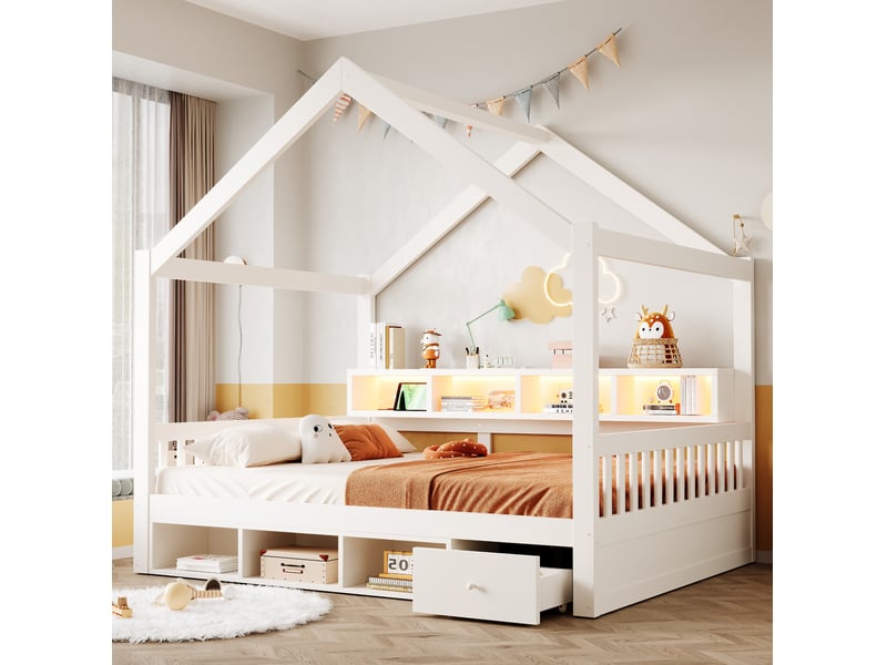  Lit cabane enfant 140x200 cm avec rangements, led et prises, blanc, sans matelas  - Conforama W