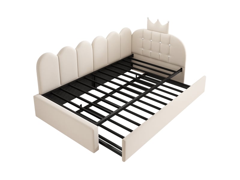  Canapé-lit pour enfant 90 × 200 cm, avec lit coulissant, forme en l, velours, beige  - Conforama E