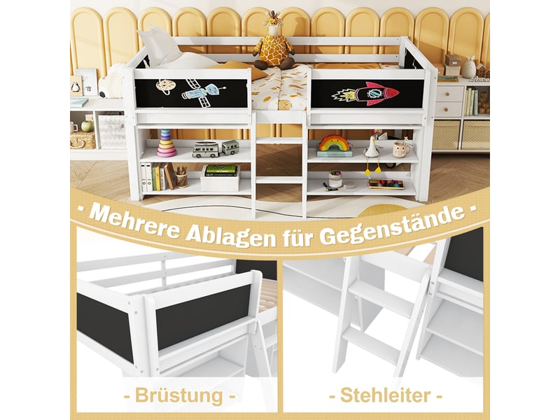  Lit simple 90×200 cm avec plusieurs étagères de rangement, lit enfant avec balustrade et échelle, cadre de lit en bois de pin, blanc  - Conforama D