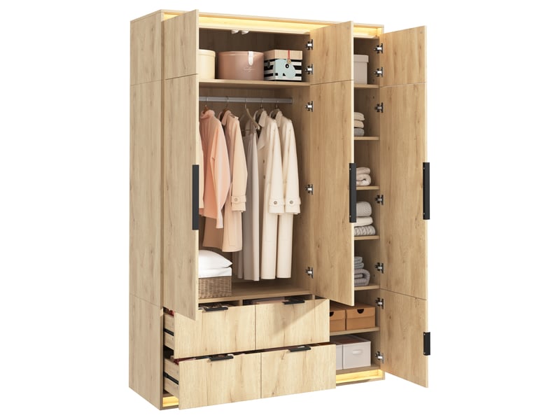 Armoire,135x47x200 cm,3 portes avec miroir, led et 4 tiroirs,mdf,chêne anthracite  - Conforama A