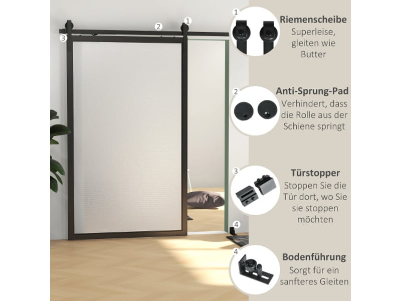 Kit de ferrure pour porte coulissante 244 cm en acier carbone noir avec rail, roulettes, anti-saut, butées et guide au sol, système complet - Conforama C