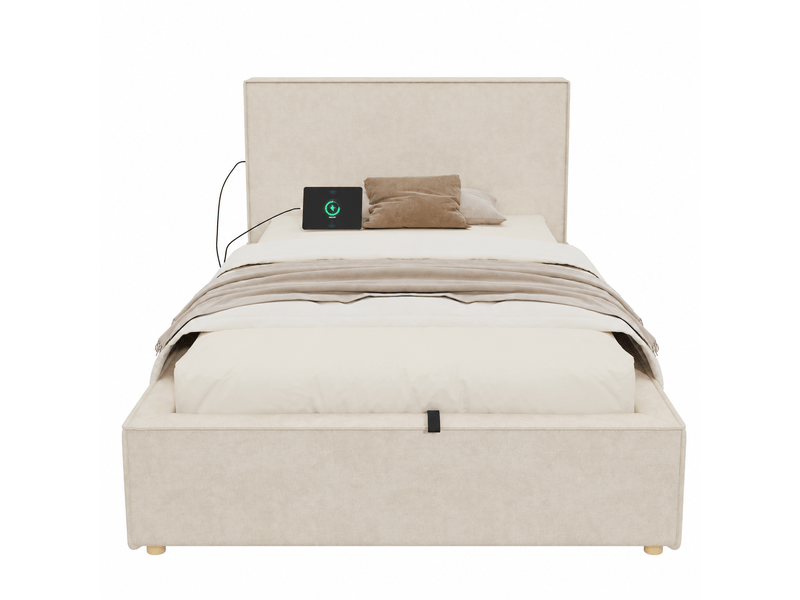 Lit coffre beige 90 x 200 cm avec sommier relevable hydraulique - Conforama R