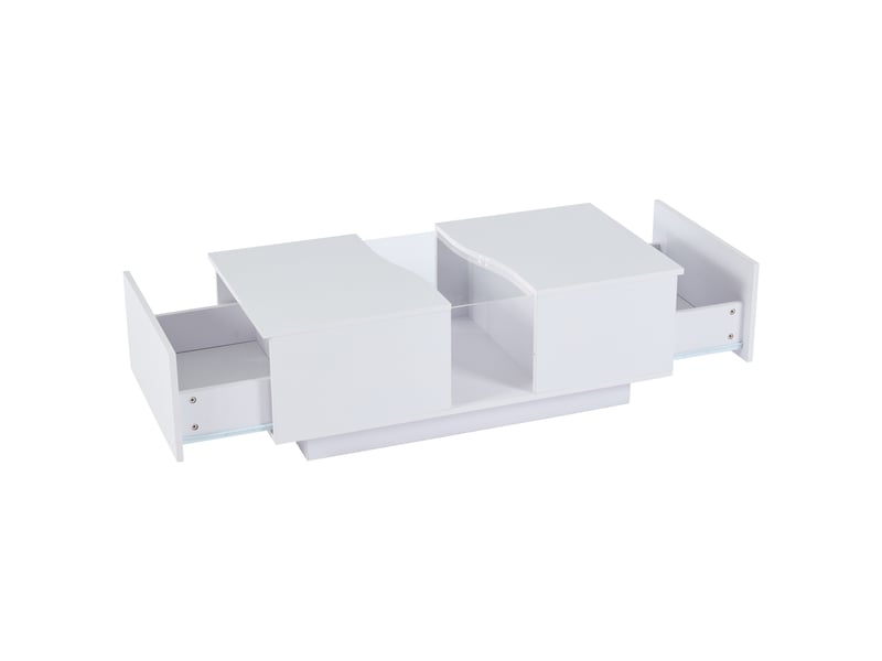  Table basse led blanche 100x50x35 cm avec 2 tiroirs de rangement, table de salon moderne haute brillance et plateau en acrylique  - Conforama R