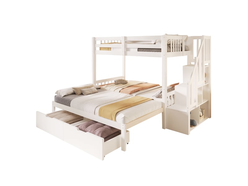  Lit superposé enfant 90x200 cm, 3 couchages, lit gigogne extensible 180x200 cm, 2 tiroirs, échelle réversible avec rangements, pin et mdf blanc  - Conforama A
