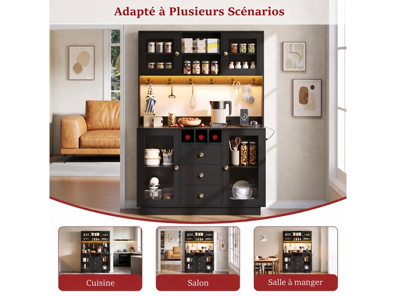  Meuble de cuisine muvano, buffet haut de cuisine noir avec prises et éclairage led, 120 × 40 × 170 cm  - Conforama C