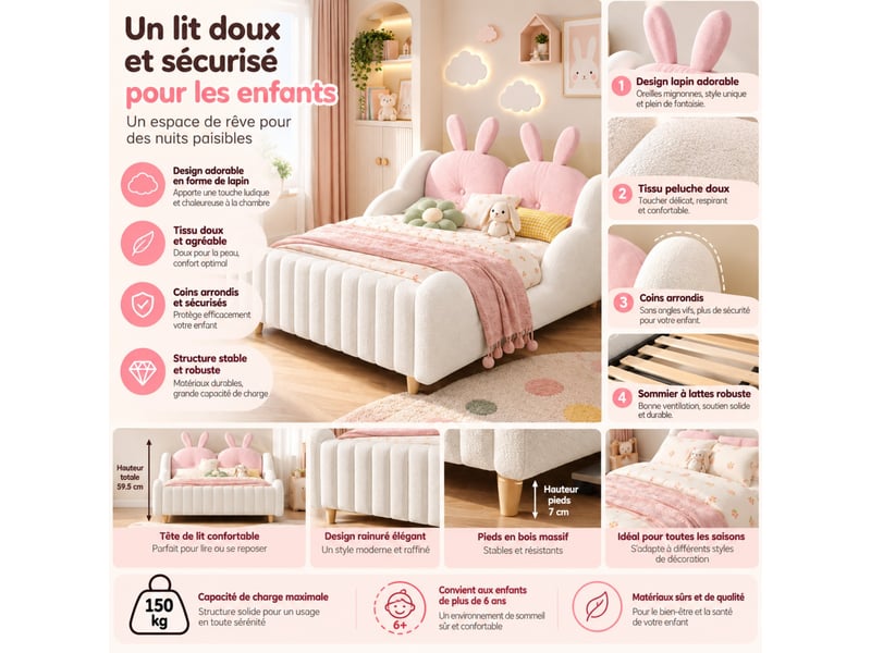  Lit enfant capitonné 140x200 cm blanc en tissu bouclé, tête de lit coussin lapin et barrières nuage, sans matelas  - Conforama B