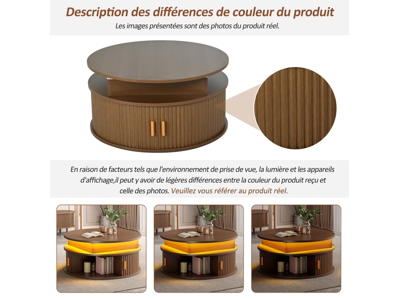  Table basse ronde relevable décor noyer avec led, rangement caché et portes coulissantes, diamètre 75 cm  - Conforama E