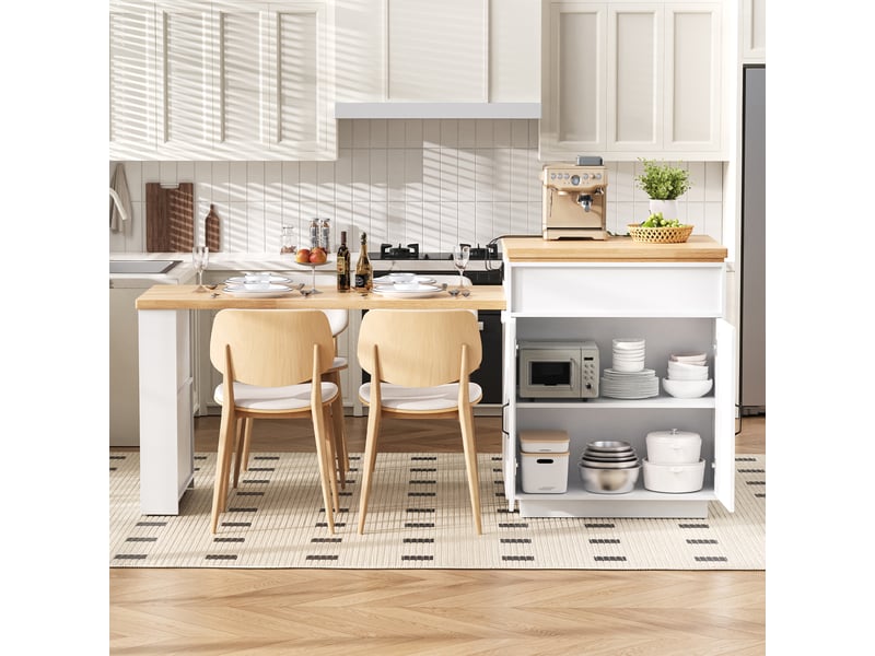  Desserte - avec tiroirs - avec éclairage led - avec port usb - sur roulettes - panneau de fibres de densité moyenne - blanc - pour cuisine 125.5x71x93cm - Conforama E