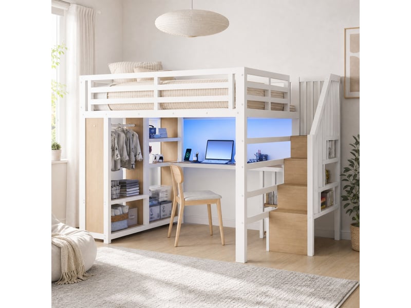  Lit mezzanine double 140×200 cm avec bureau, rangements, led et usb - okmyhome- métal blanc, sans matelas  - Conforama C