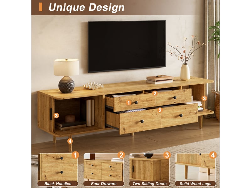  Meuble tv 165 cm en mdf 4 tiroirs et 2 portes coulissantes coloris bois N621P508008O - Conforama D