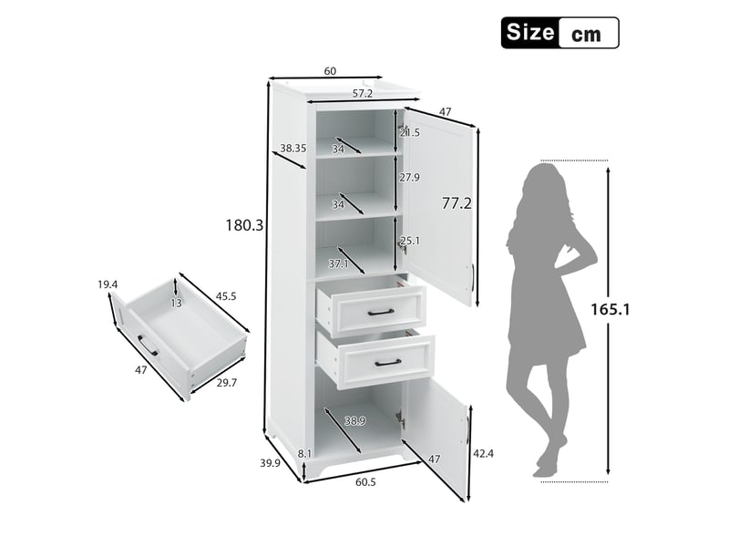  Armoire salle de bain 60x40x180 cm, 2 tiroirs et 2 portes, armoire de rangement, design moderne, en mdf, blanc  - Conforama C