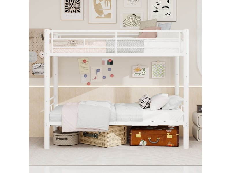  Lit superposé enfant 90x190 cm en métal convertible en 2 lits simples-échelle et barrières de sécurité-blanc  - Conforama B