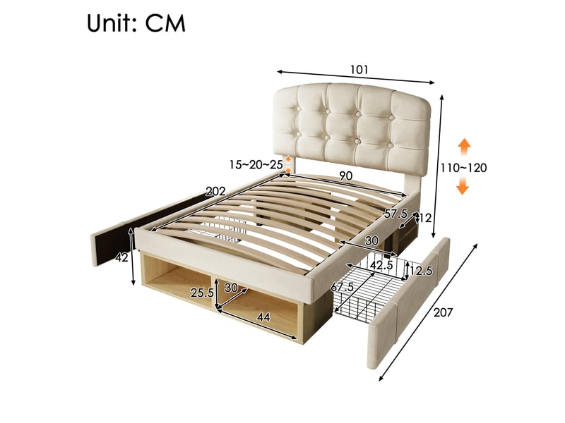  Lit simple pour enfant, avec tête de lit incurvée à hauteur réglable, tiroirs et espaces de rangement, en velours, beige - 90 x 200 cm  - Conforama C