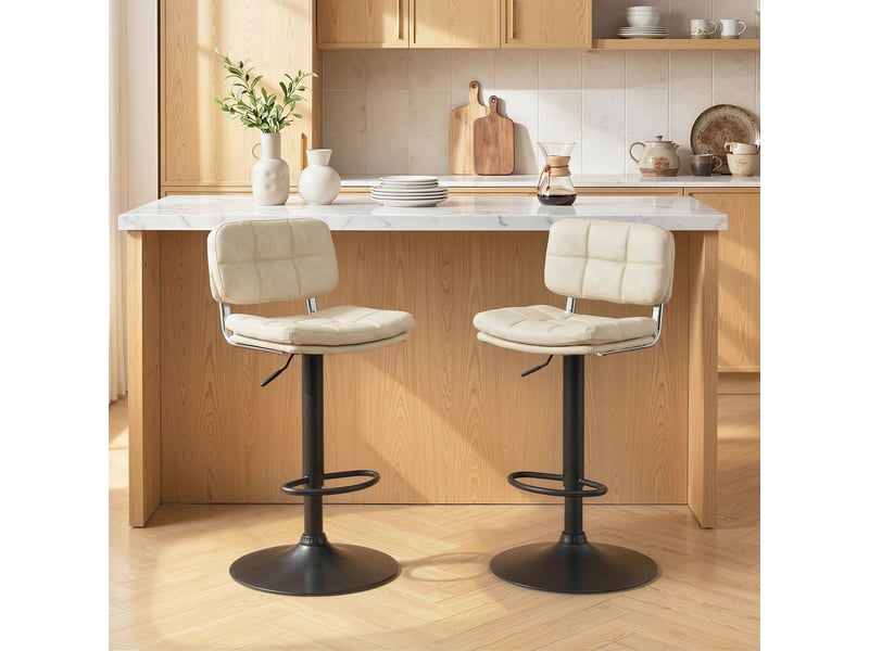  Lot de 2 tabourets de bar vintage capitonné - pivotant, réglable - repose-pied - revêtement synthétique crème  - Conforama D