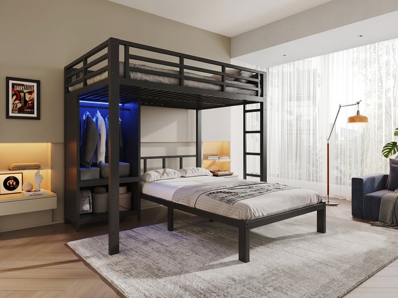  Lit superposé 120 × 200 cm, penderie avec led, étagères, échelle droite et garde-corps, structure en métal, noir  - Conforama B