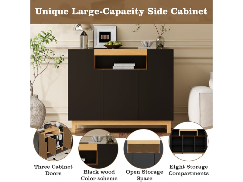  Buffet noir, 3 portes, rangement, design moderne, structure robuste, finition haut de gamme - panneaux de particules - 120.5x42x96cm  - Conforama C