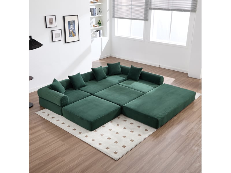 Canapé d'angle modenvie modulable 4 places 270 x 180 cm en velours côtelé vert émeraude - Conforama D